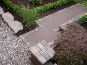 A brick pathway with a stone bench and shrubs.