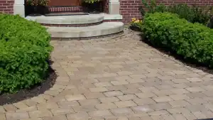 Well-maintained brick paver walkway with lush green bushes on both sides.