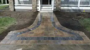 Beautiful stone paved pathway for outdoor landscaping and garden design.