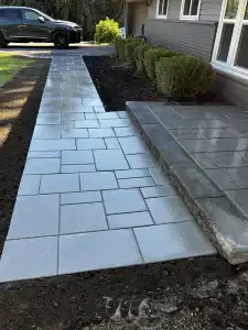 Outdoor stone walkway and patio with landscaping and bushes.